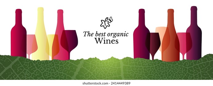 Horizontal banner with vine leaf texture and torn outline shape. Silhouettes of colorful wine bottles and glasses. Editable color. Vector