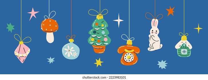 Horizontal Banner With Vintage Christmas Tree Glass Ornaments. Hand Drawn Vector Illustration. Retro Season Decorations.