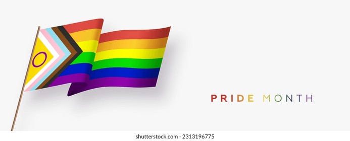 Banner horizontal o fondo de pantalla con la bandera arco iris del New Progress Pride. Símbolo de la comunidad LGBT. Nueva Bandera Del Orgullo De Progreso Inclusivo De Intersex. Ilustración del vector