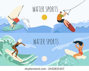 Horizontal banner with water summer sports, characters of people, vector illustration, hand drawn.