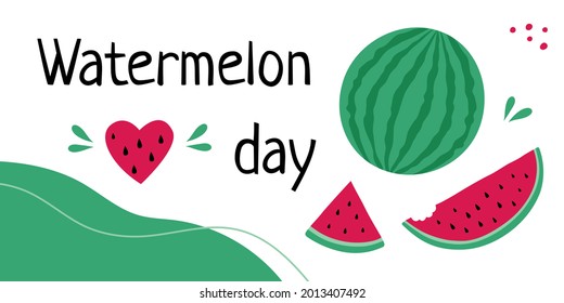 Un cartel horizontal con un mensaje del día de la sandía. Plantilla vectorial en simple caricatura para afiche tipográfico