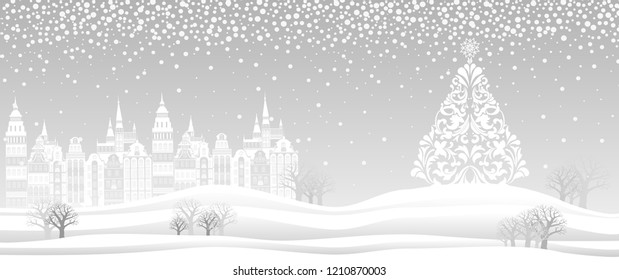 Horizontal Banner. Web banner design background or header Templates. Winter panorama. Celebration background with Christmas Landscape, town, Christmas tree, snow and place for your text. Vector