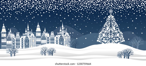 Horizontal Banner. Web banner design background or header Templates. Winter panorama. Celebration blue background with Christmas Landscape, town, Christmas tree, snow and place for your text. Vector
