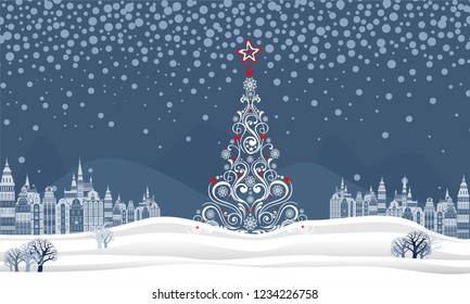 Horizontal Banner. Web banner design background or header Templates. Winter panorama. Celebration blue background with Christmas Landscape, town, Christmas tree, snow and place for your text. Vector
