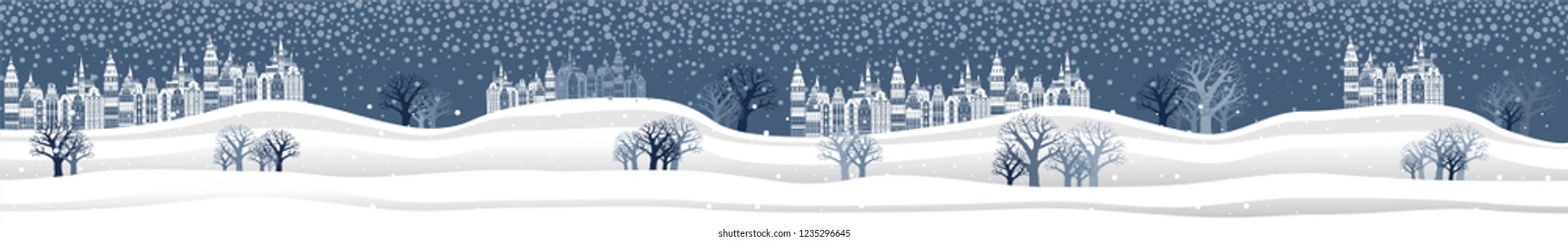 Horizontal Banner. Web banner design background or header Templates. Winter panorama. Celebration blue background with Christmas Landscape, town, snow and place for your text. Winter holidays. Vector