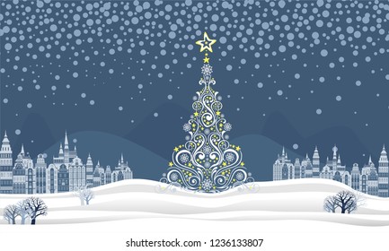 Horizontal Banner. Web banner design background or header Templates. Winter panorama. Celebration blue background with Christmas Landscape, town, Christmas tree, snow and place for your text. Vector