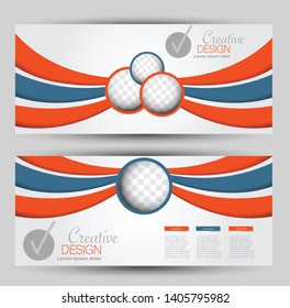 Horizontal banner or web header template set. Vector illustration promotion design background. Orange and blue color.