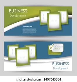 Horizontal banner or web header template set. Vector illustration promotion design background. Blue and green color.