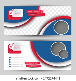 Horizontal banner or web header template set. Vector illustration promotion design background. Blue and red color.