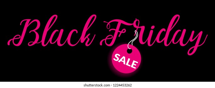 Horizontal banner, website cover, page informing about sales and discounts on Friday, handwritten text on a black background.