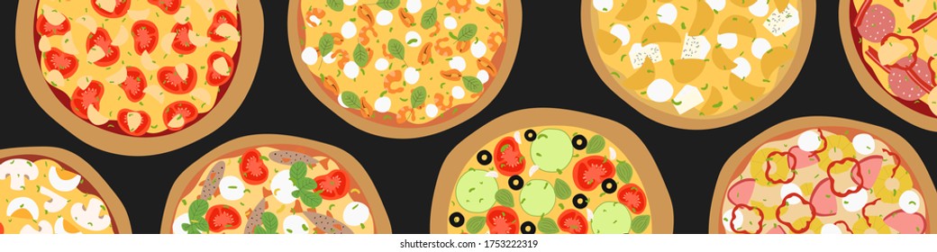 Horizontal banner for website. Flyer for menu restaurant  with different kinds of pizza. Flat vector design