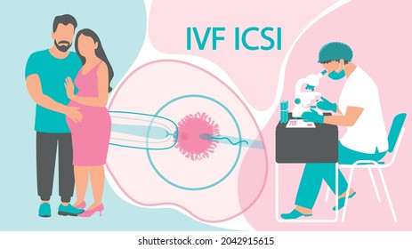 Horizontal banner for a website with an illustration of the IVF ICSI procedure. Fertilization in vitro. Help advertising fight infertility. Couple and scientist woman with microscope in the laboratory