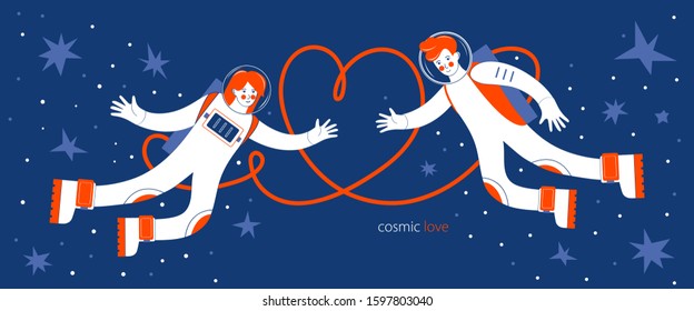 Horizontal banner for websites, landing pages and cards for Valentine's day. Astronauts fly in outer space among the stars. Man and woman on the background of a red heart. Cosmic love. Flat vector