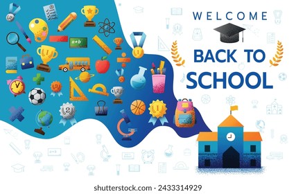 Horizontal banner of welcome back to school concept texture style with icon of supplies on white background vector illustration