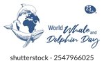Horizontal banner for Whale and Dolphin Day, July 23, 2025. Concept of the problem preserving animal in the ocean. Vector linear drawing of a whale and a dolphin against the background of planet Earth