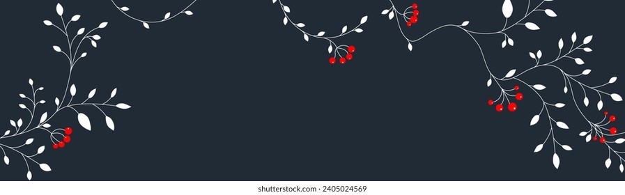 Horizontaler Banner - weiße Äste mit roten Beeren. Website-Kopfzeile, festlicher Vektorhintergrund.
