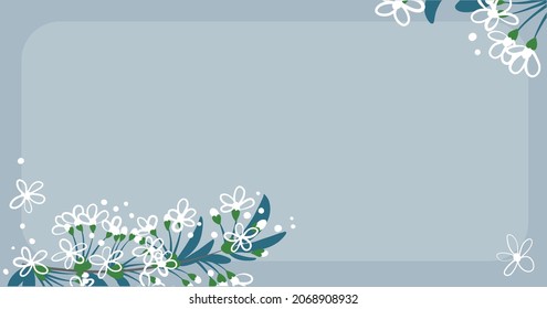 Horizontal banner. White cherry or cherry blossoms on a blue gray background.