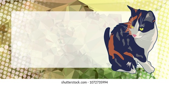 Horizontal banner with white empty space for text or photo and cute cat. Vector clip art.