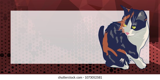 Horizontal banner with white empty space for text or photo and cute cat. Vector clip art.