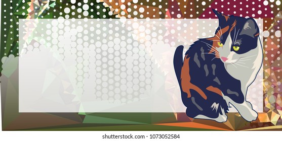Horizontal banner with white empty space for text or photo and cute cat. Vector clip art.
