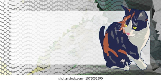 Horizontal banner with white empty space for text or photo and cute cat. Vector clip art.