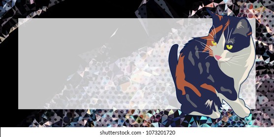 Horizontal banner with white empty space for text or photo and cute cat. Vector clip art.