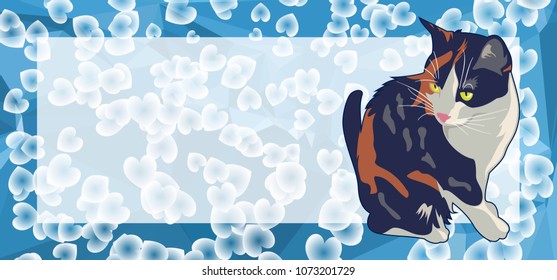 Horizontal banner with white empty space for text or photo and cute cat. Vector clip art.