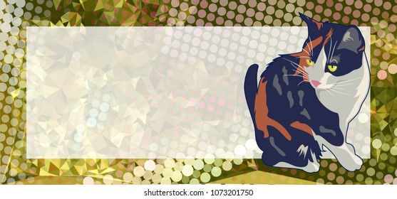 Horizontal banner with white empty space for text or photo and cute cat. Vector clip art.