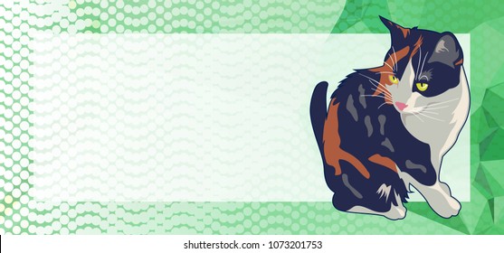 Horizontal banner with white empty space for text or photo and cute cat. Vector clip art.