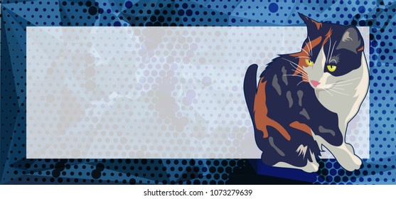 Horizontal banner with white empty space for text or photo and cute cat. Vector clip art.