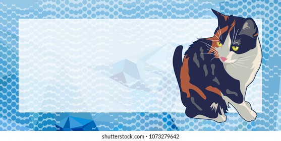 Horizontal banner with white empty space for text or photo and cute cat. Vector clip art.