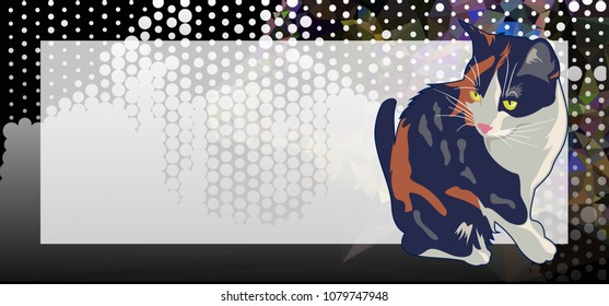 Horizontal banner with white empty space for text or photo and cute cat. Vector clip art.