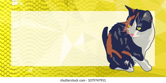 Horizontal banner with white empty space for text or photo and cute cat. Vector clip art.