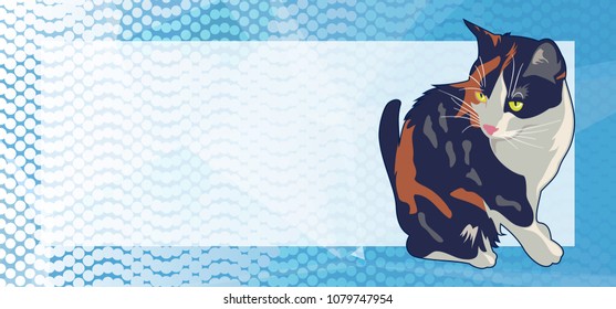 Horizontal banner with white empty space for text or photo and cute cat. Vector clip art.
