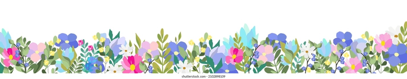 Horizontal banner with wild multicolored blooming flowers, floral background. Spring botanical flat vector illustration isolated on white background