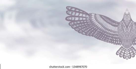 Horizontal banner with wing. Cloudy sky with flying bird. Watercolor background with hand drawn detailed owl. Feathers pattern. To be use for greeting card, invitation card.