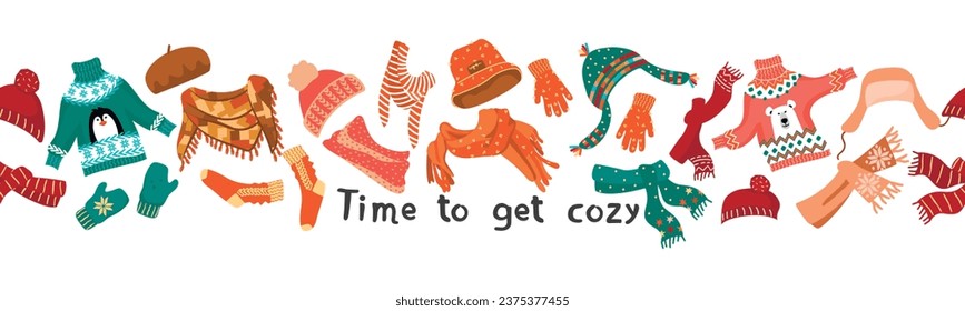 Horizontal banner with winter accessories and lettering.Seamless pattern with warm cozy items for cold weather.Sweaters, hats, scarves, socks, gloves and mittens.Vector cartoon isolated illustration.