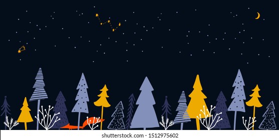 Horizontal banner with winter forest illustration. Christmas trees, spruce, orange fox at night landscape scenery. Panoramic winter background