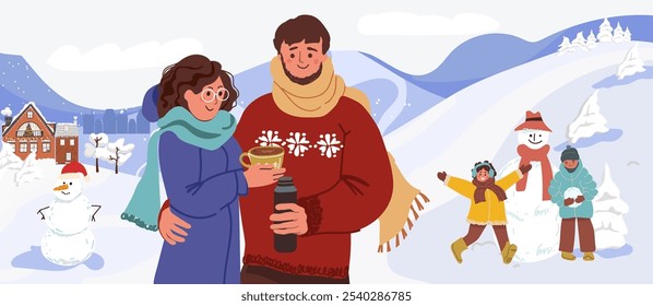 Horizontal banner winter leisure time, family breathing in mountains, children sculpting snowman, parents drinking hot drink from thermos. Hand drawn color flat vector illustration