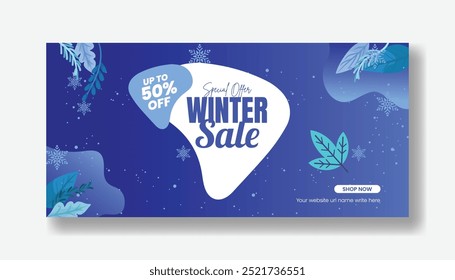 Horizontal banner for winter sale offer , discount promotional ad and social media cover, header with snowflake and winter leaves background
