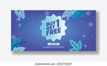 Horizontal banner for winter sale offer , discount promotional ad and social media cover, header with snowflake and winter leaves background