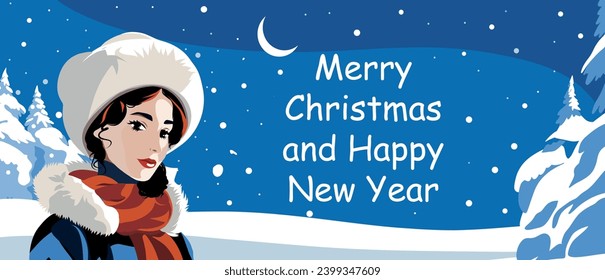 Horizontal banner Winter's tale retro card gift congratulation poster of a beautiful girl in the winter forest Merry Christmas and Happy New Year. Vector Christmas flat illustration