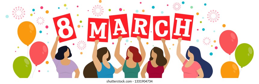 Horizontal banner, Women celebrate 8 march. Happy women's day. Vector