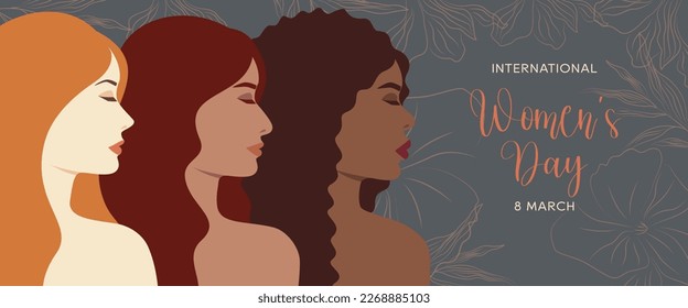 Horizontal banner with women of different skin colors and different hair colors on a  on a dark background with flowers. Vector greeting illustration for international women's day.