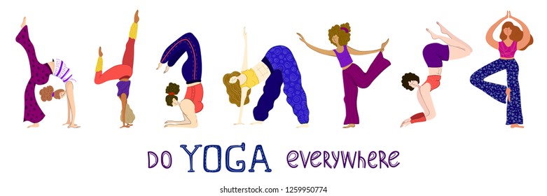 Horizontal banner with women or girls doing yoga in various poses, healthy lifestyle, sport, vector illustration with lettering for flyer, landing page, website, or poster