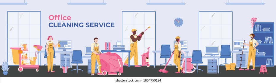 Banner horizontal con equipo de trabajo de empleados de limpieza. Limpiadores uniformados, hombres y mujeres, con limpiadores de equipo profesional en la oficina. Ilustración vectorial.