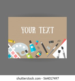 Horizontal banner workplace collection concept office items, instruments for design and art. Modern design flat icon set top view on table - vector illustration