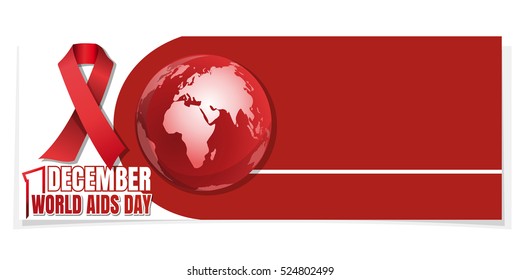 Horizontal banner for World AIDS Day. 1 December. Red Ribbon on a background of the Globe. Aids Awareness. Vector illustration
