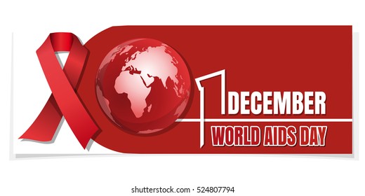 Horizontal banner for World AIDS Day. 1 December. Red Ribbon on a background of the Globe. Aids Awareness. Vector illustration