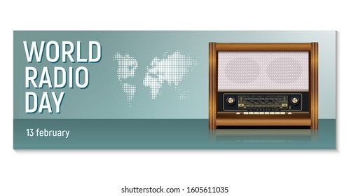 Horizontal banner for World Radio Day on the air,  creative.  February 13th. In a realistic retro style radiola on an abstract background. Vector illustration.